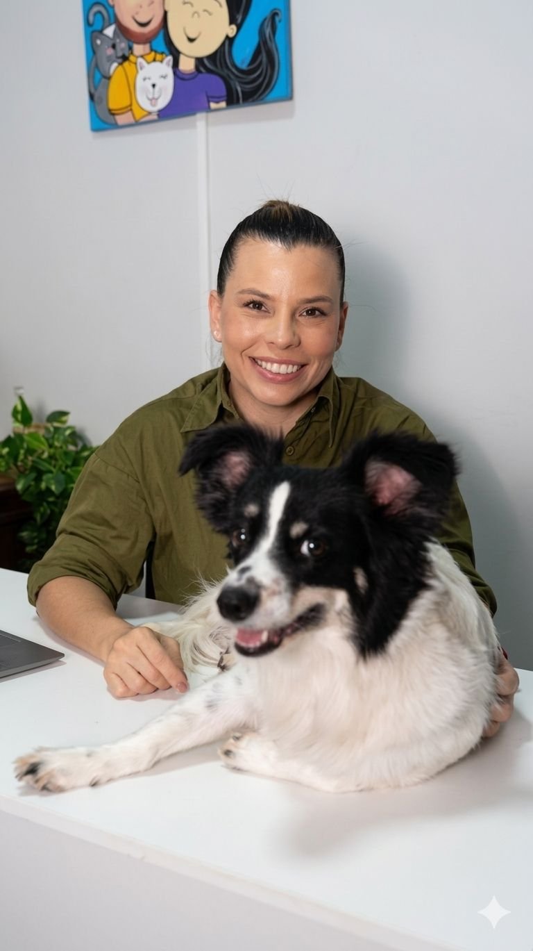 Tutor abraçando cachorro em ambiente acolhedor e iluminado